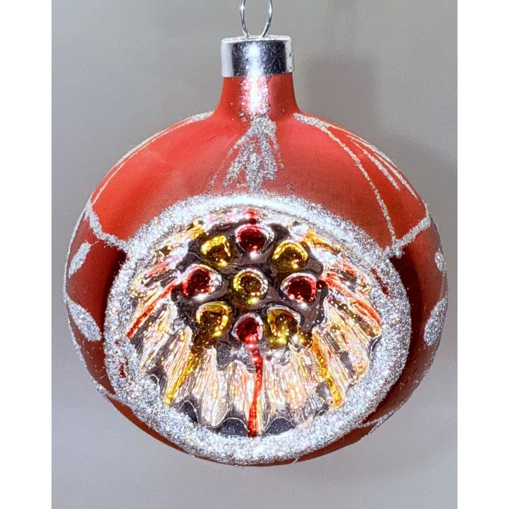 Vintage Christmas Ornament Mercury Glass Indent Ball Red Silver Stencil